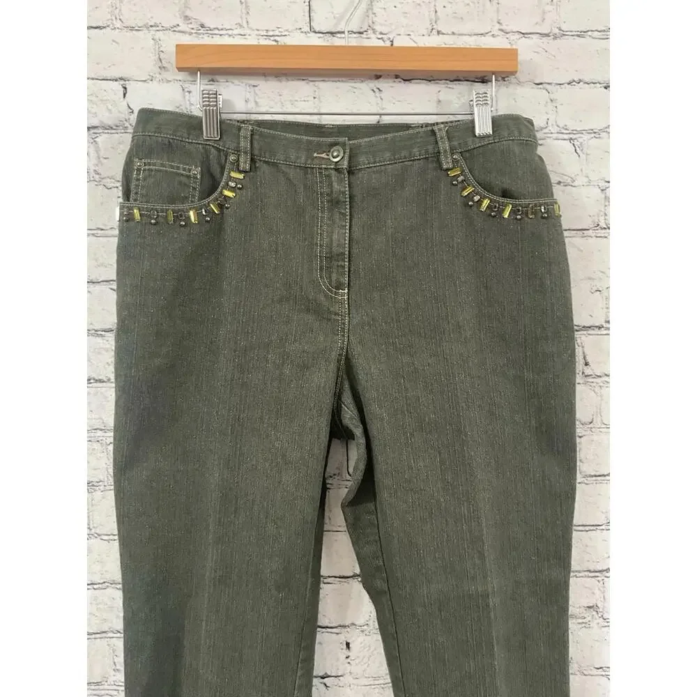 Ruby‎ Rd Jeans Women 12 Green Comfort Stretch Sparkle Fabric Embellished Granny